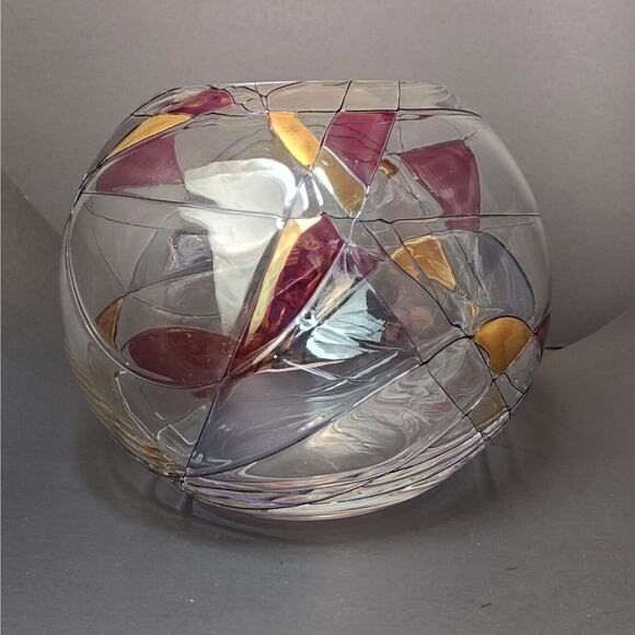 Luminescence Hand Blown Bowl Vase Romania Lead Free Glass Crystal Mosaic Art - Picture 3 of 15